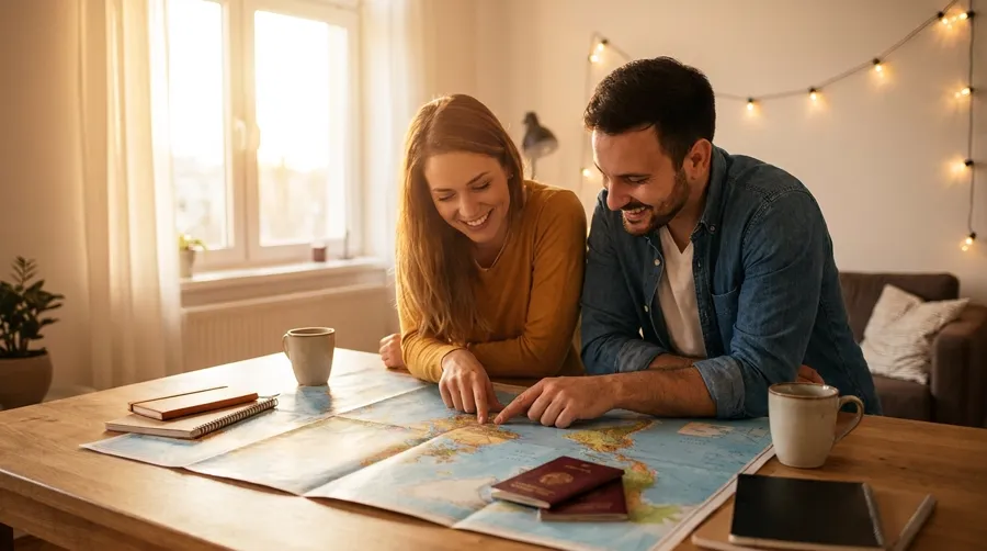 Yurt dışı planlarını birlikte hazırlayan bir çift